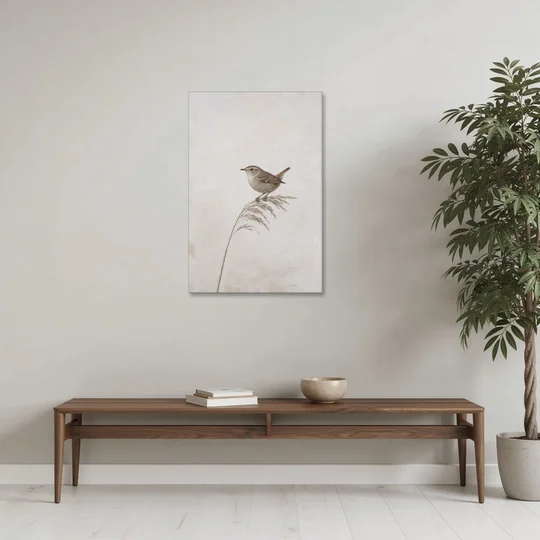 Vertical Wall Art Wren on a Dried Grass Stem - Canvas Wall Art - Coffee Table - 24x36