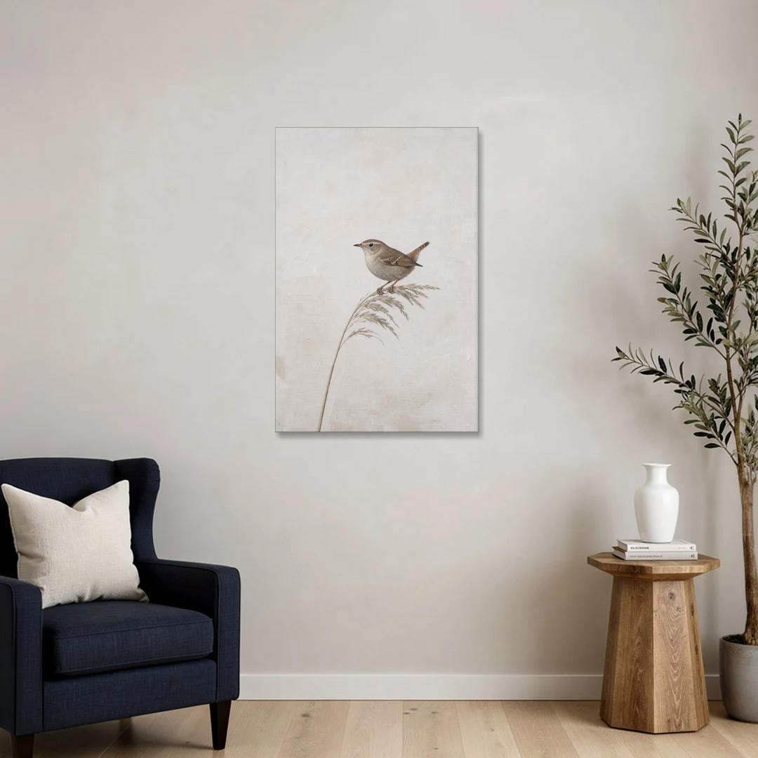 Vertical Wall Art Wren on a Dried Grass Stem - Canvas Wall Art - Sofa - 24x36
