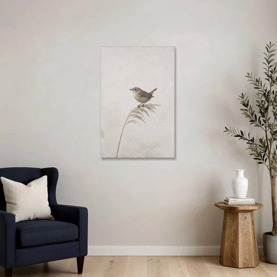 Vertical Wall Art Wren on a Dried Grass Stem - Canvas Wall Art - Sofa - 24x36