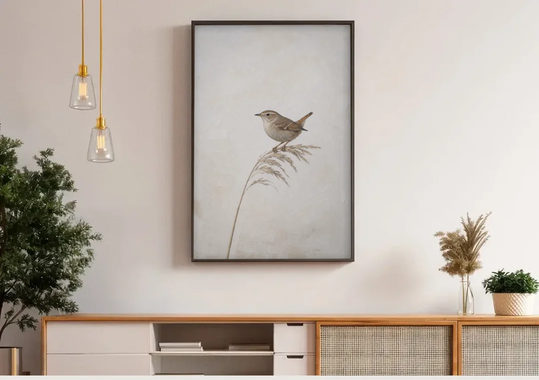 Vertical Wall Art Wren on a Dried Grass Stem canvas wall art above a wooden sideboard under pendant lights