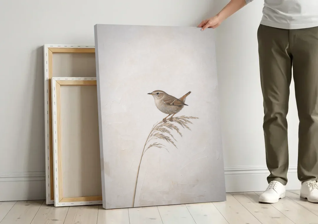 Vertical Wall Art Wren on a Dried Grass Stem canvas wall art leaning against a wall next to blank canvases