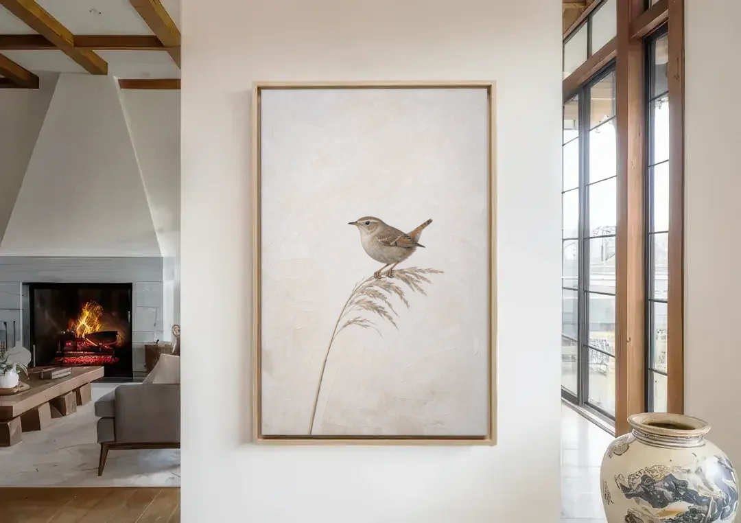 Vertical Wall Art Wren on a Dried Grass Stem canvas wall art in a living room with a fireplace