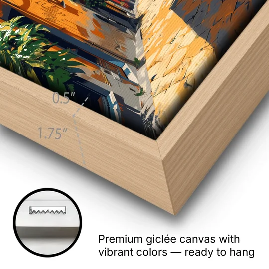 Vesuvius Painting from a Naples Alley - Oak Framed Canvas Wall Art - Gallery Wrap Corner