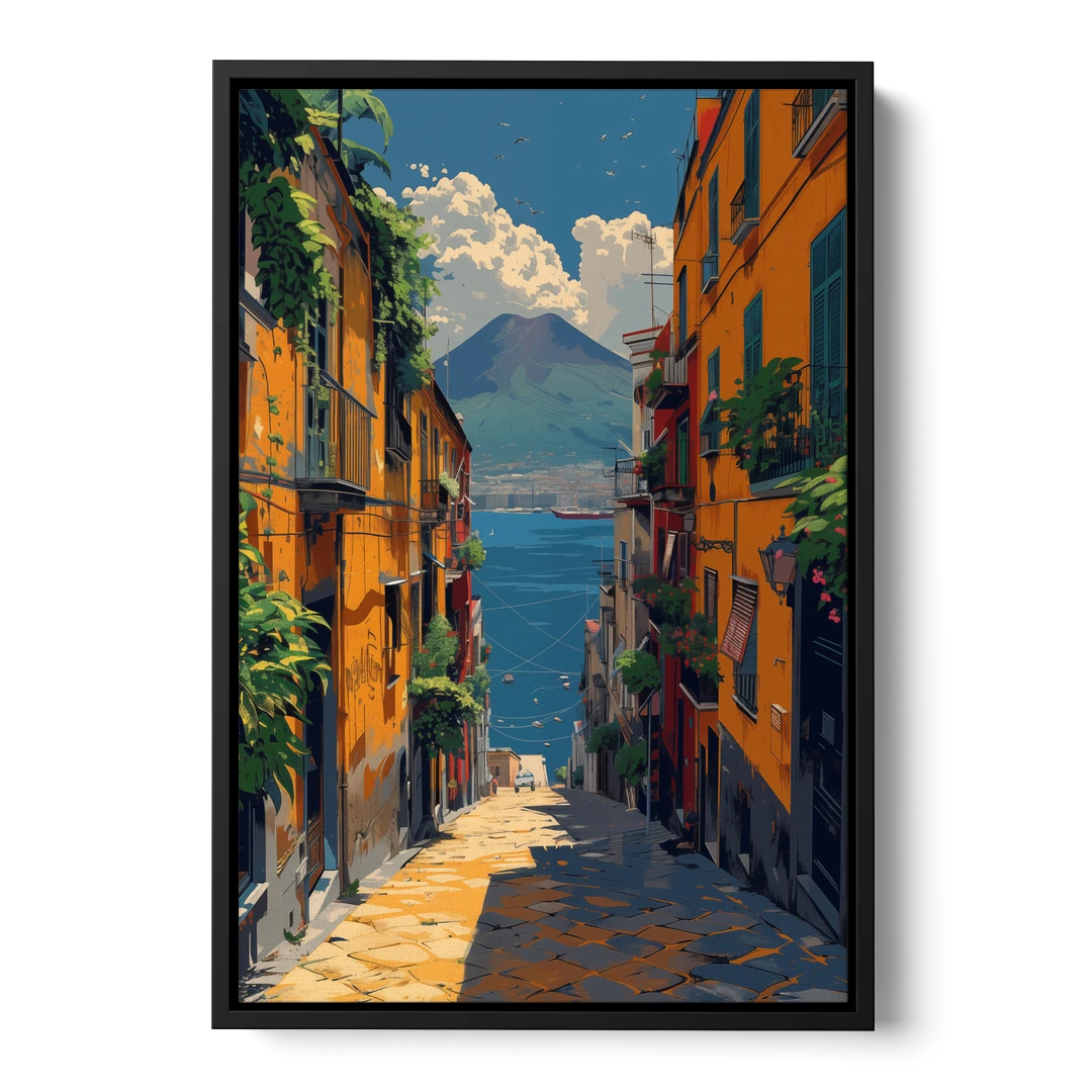 Vesuvius Painting from a Naples Alley - Black Framed Canvas Wall Art - Front