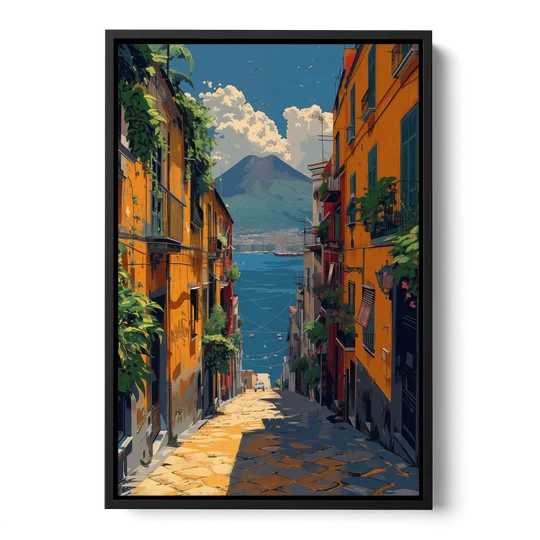 Vesuvius Painting from a Naples Alley - Black Framed Canvas Wall Art - Front