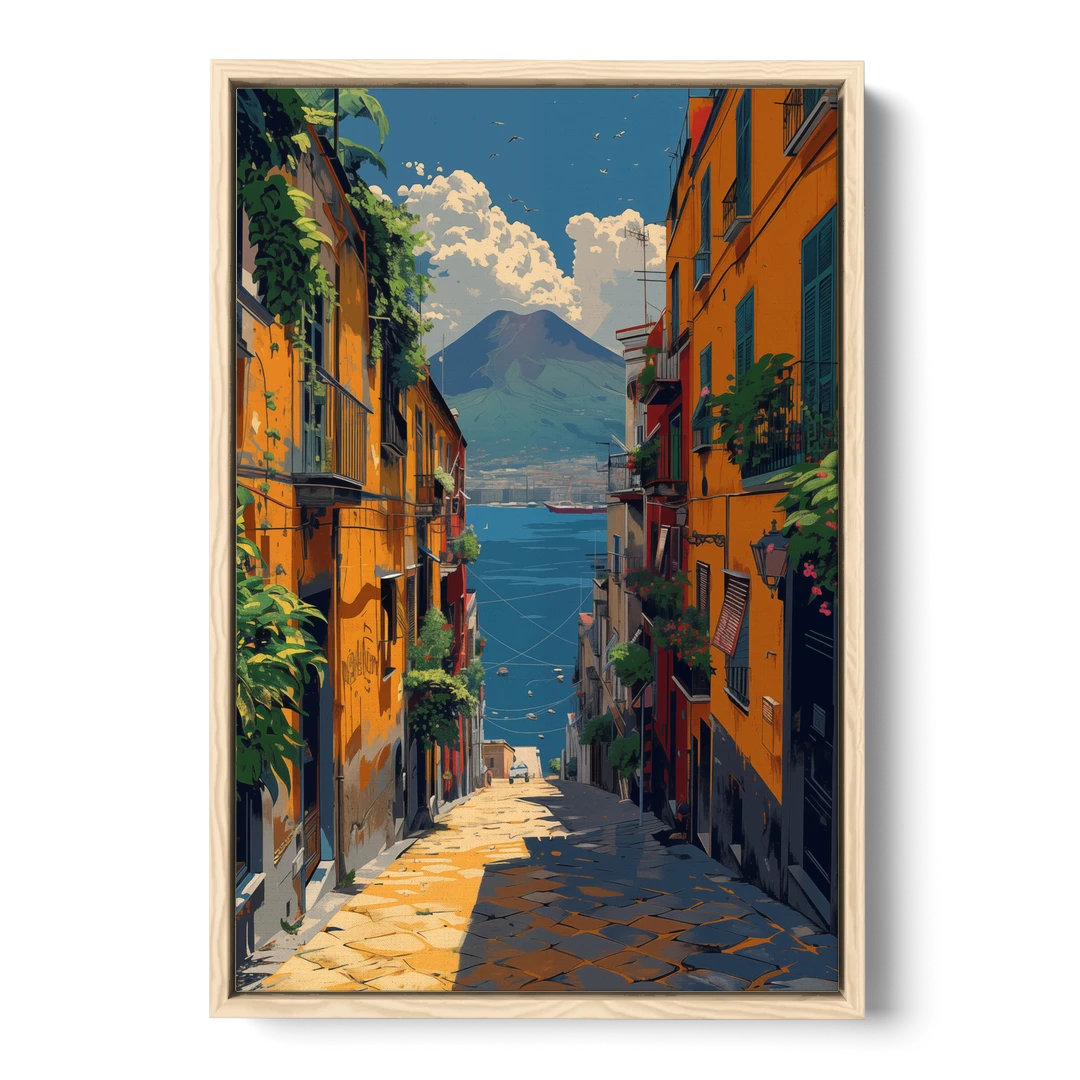 Vesuvius Painting from a Naples Alley - Oak Framed Canvas Wall Art - Front