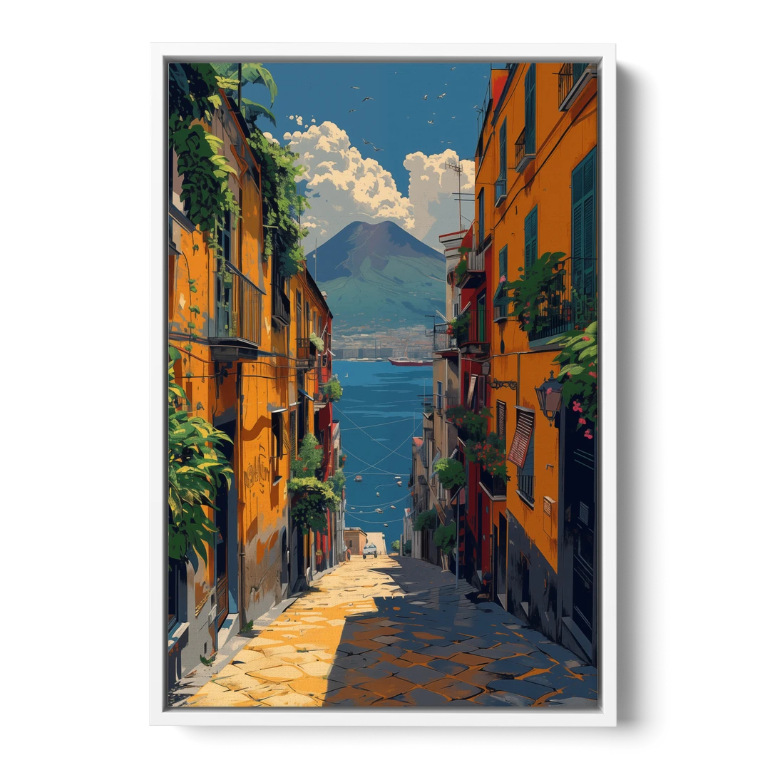 Vesuvius Painting from a Naples Alley - White Framed Canvas Wall Art - Front