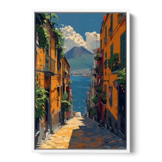 Vesuvius Painting from a Naples Alley - White Framed Canvas Wall Art - Front