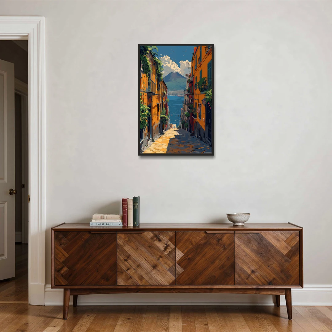Vesuvius Painting from a Naples Alley - Black Framed Canvas Wall Art - Coffee Table - 24x36
