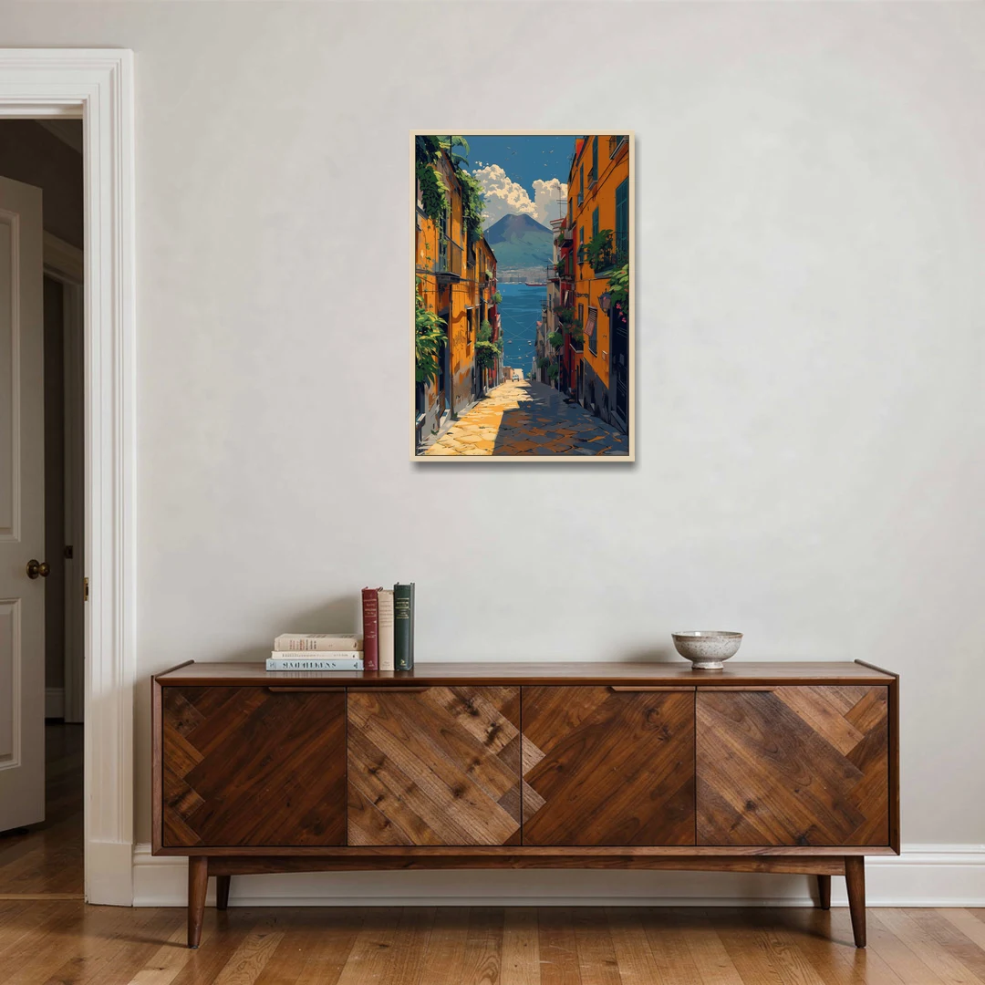 Vesuvius Painting from a Naples Alley - Oak Framed Canvas Wall Art - Coffee Table - 24x36