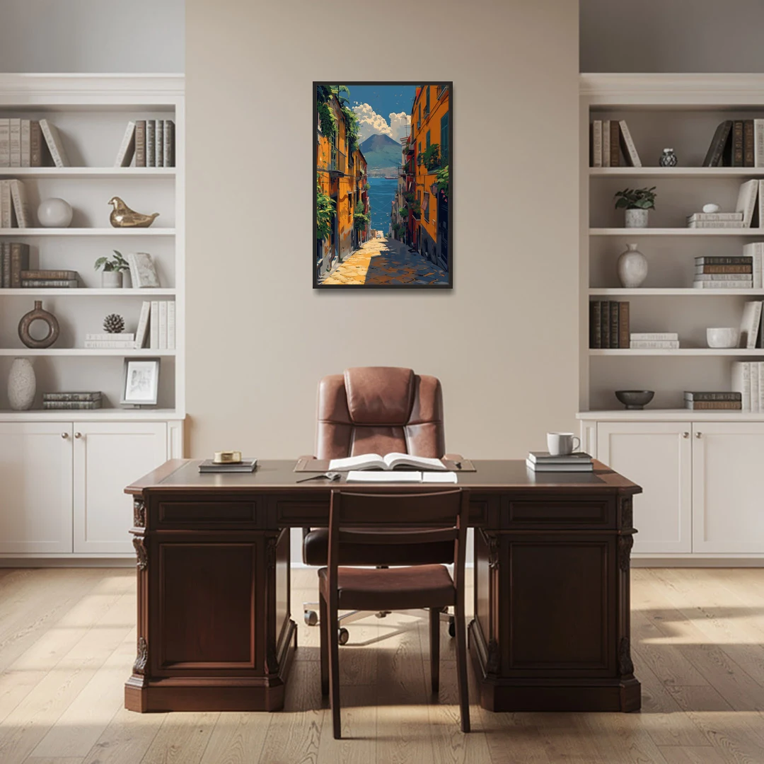 Vesuvius Painting from a Naples Alley - Black Framed Canvas Wall Art - Office - 24x36