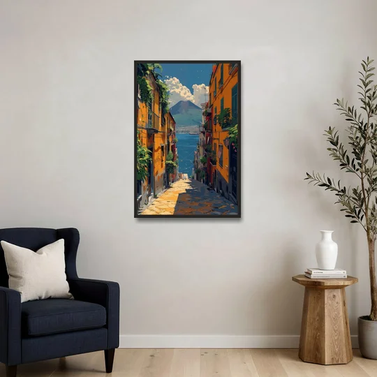 Vesuvius Painting from a Naples Alley - Black Framed Canvas Wall Art - Sofa - 24x36