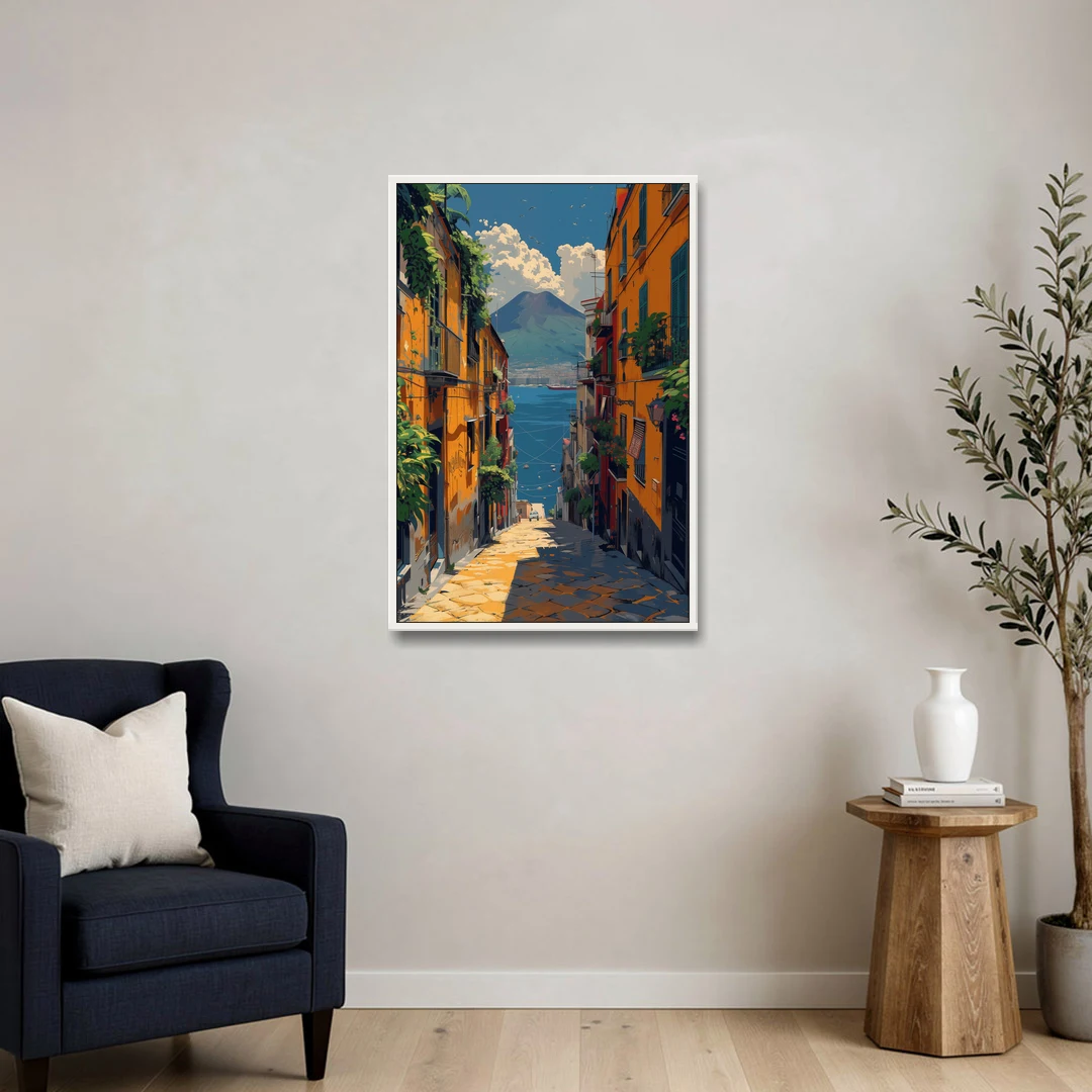 Vesuvius Painting from a Naples Alley - White Framed Canvas Wall Art - Sofa - 24x36