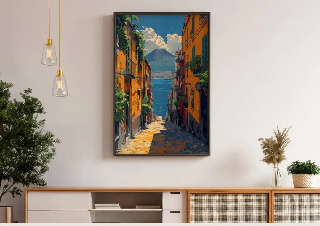 Vesuvius Painting from a Naples Alley canvas wall art above a wooden sideboard under pendant lights