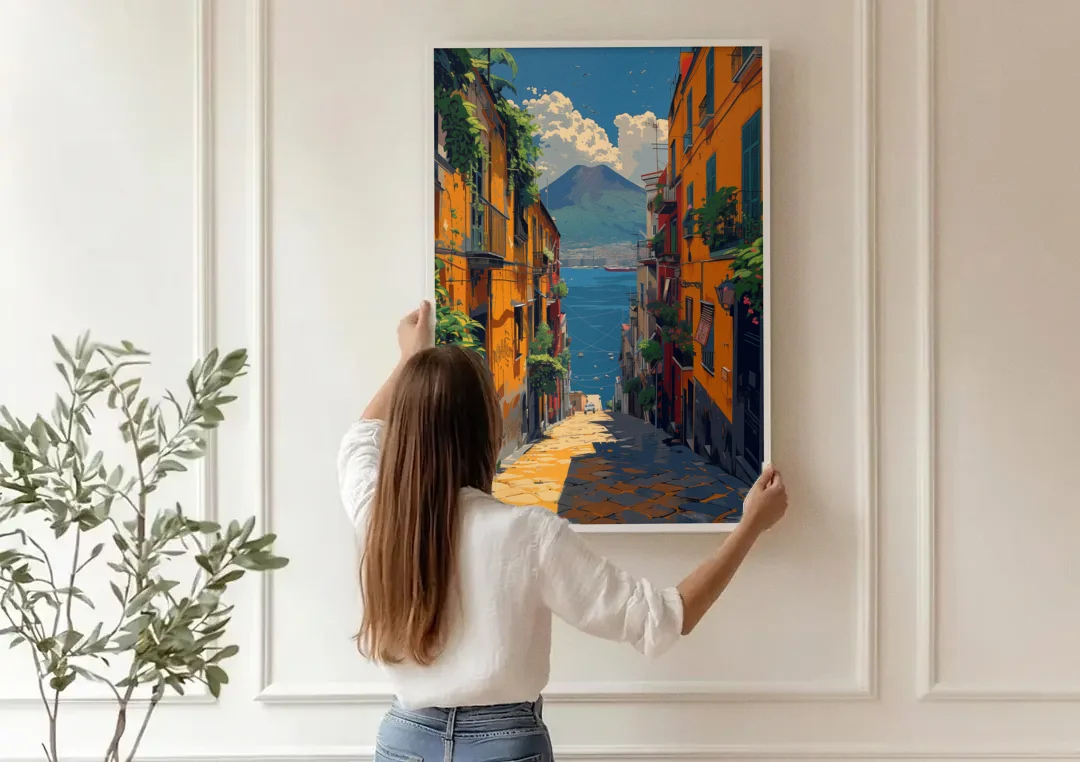 Vesuvius Painting from a Naples Alley canvas wall art being hung on a paneled wall