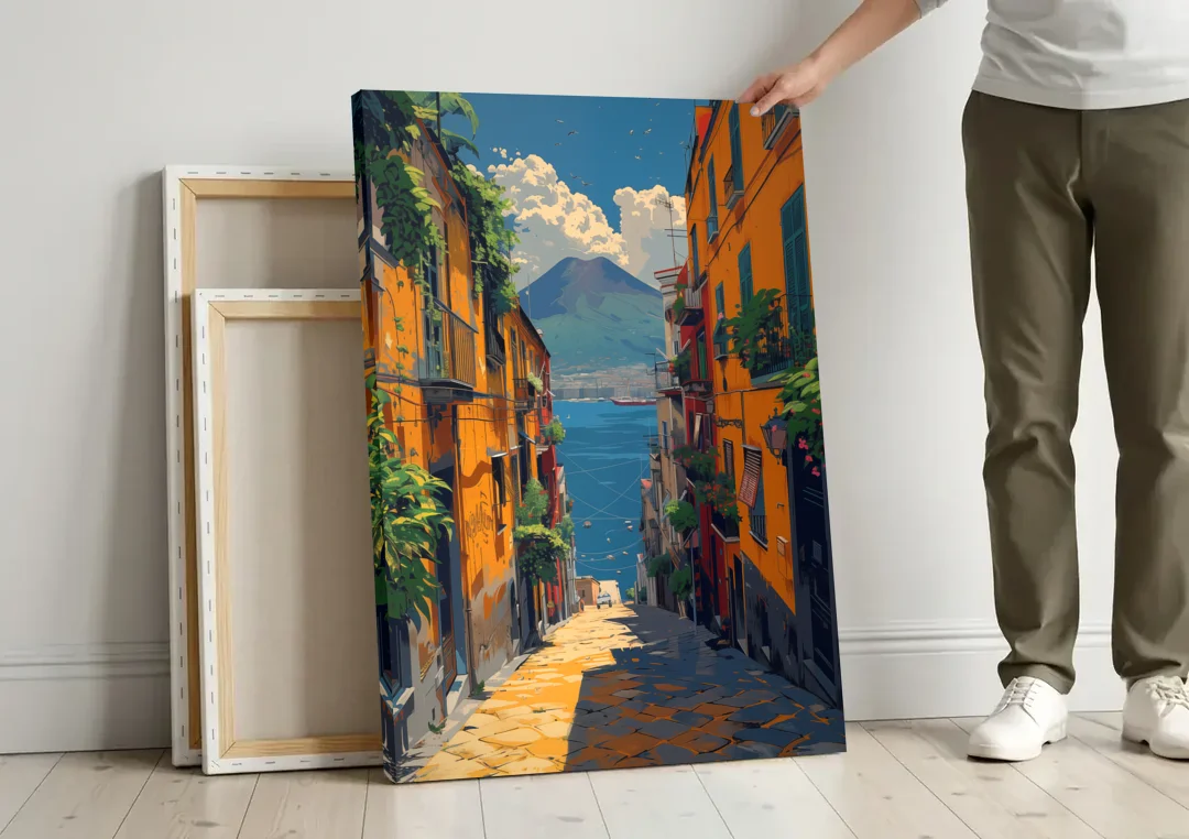 Vesuvius Painting from a Naples Alley canvas wall art leaning against a wall next to blank canvases