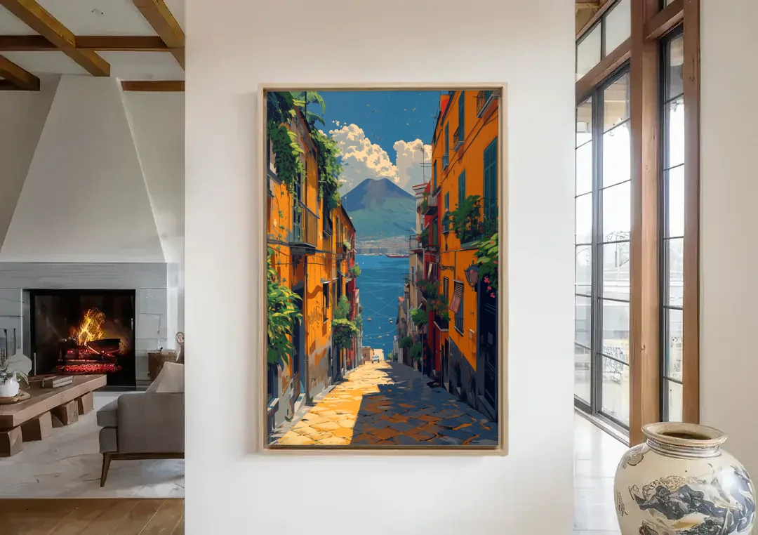 Vesuvius Painting from a Naples Alley canvas wall art in a living room with a fireplace