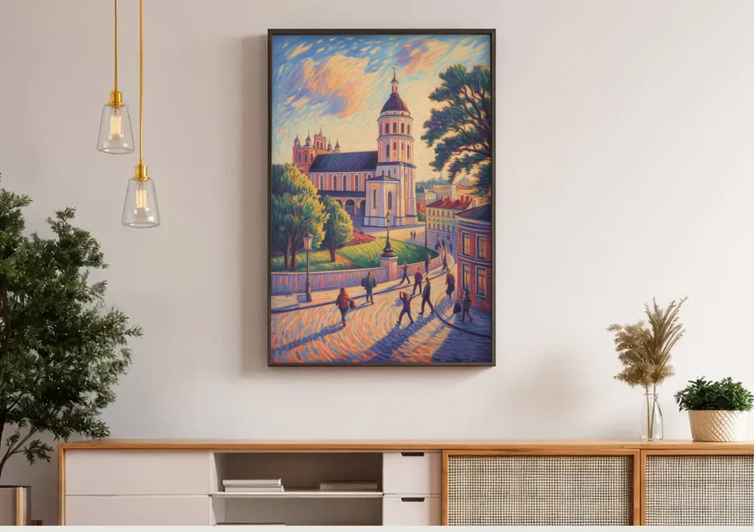 Vilnius Cathedral canvas wall art above a wooden sideboard under pendant lights
