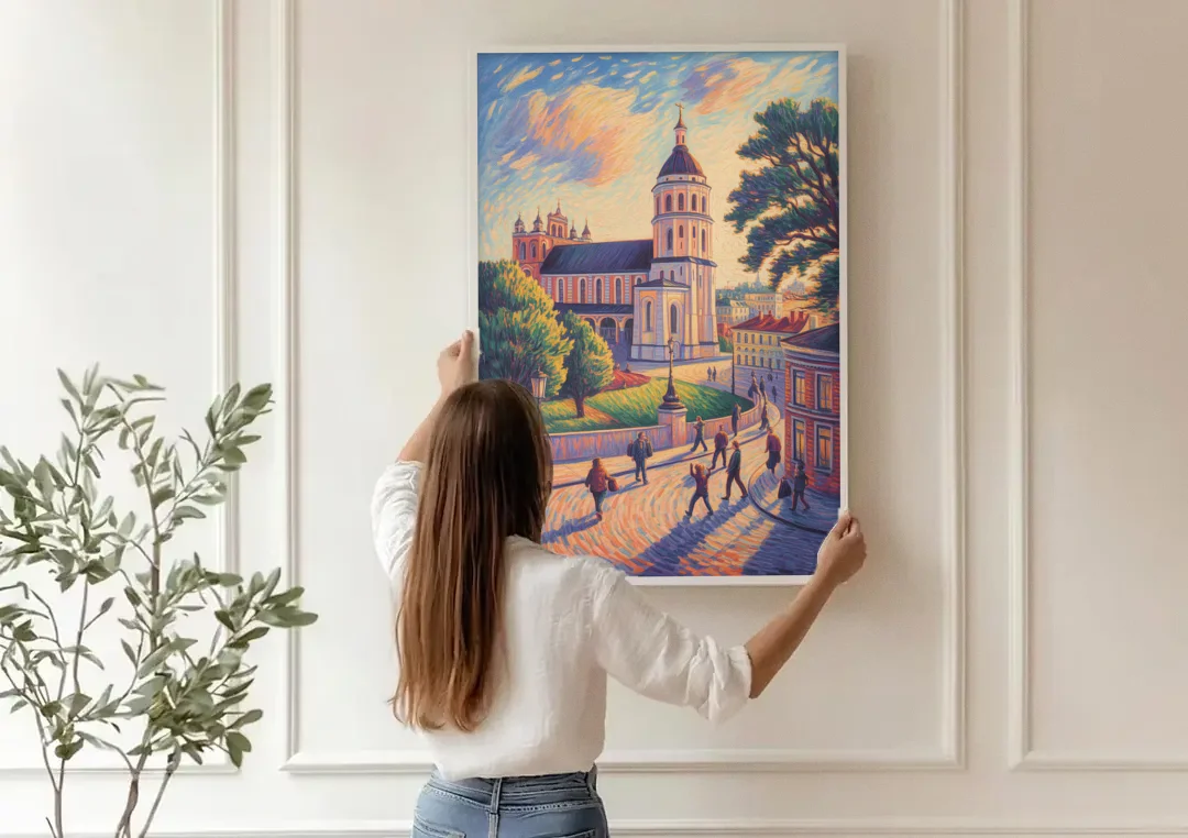 Vilnius Cathedral canvas wall art being hung on a paneled wall