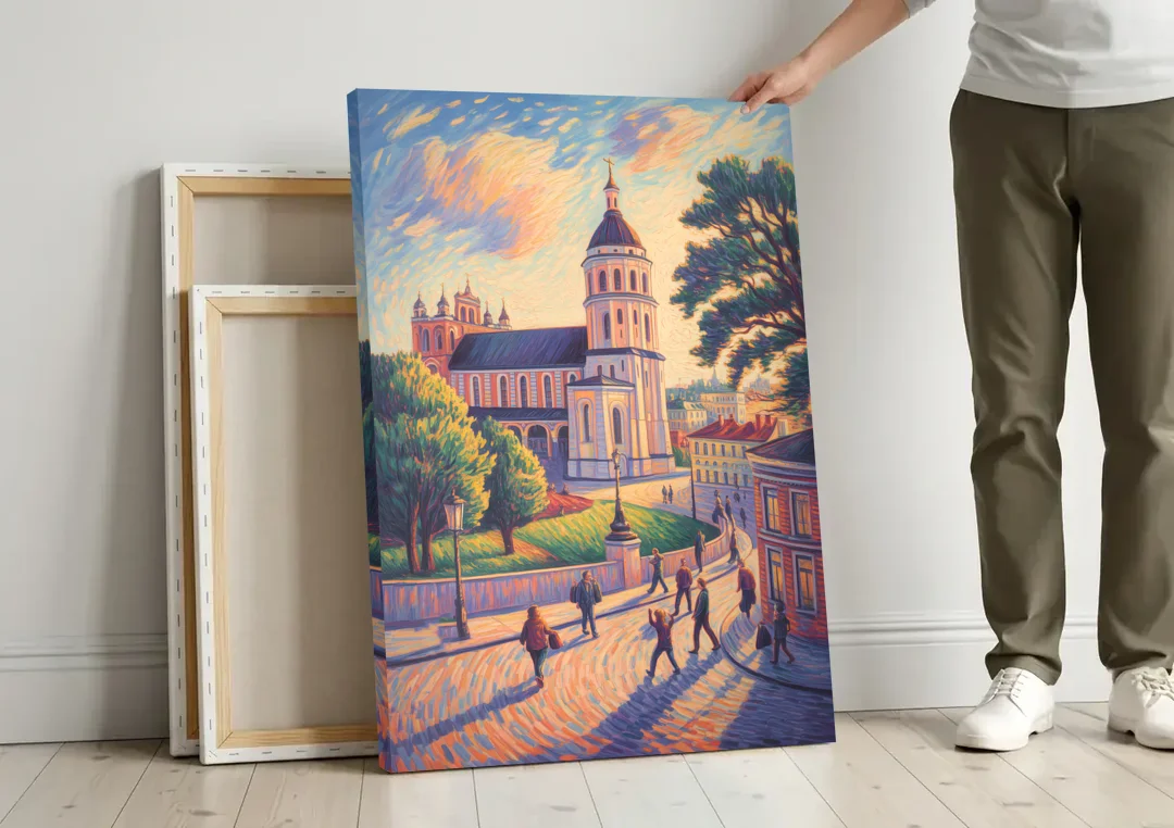 Vilnius Cathedral canvas wall art leaning against a wall next to blank canvases