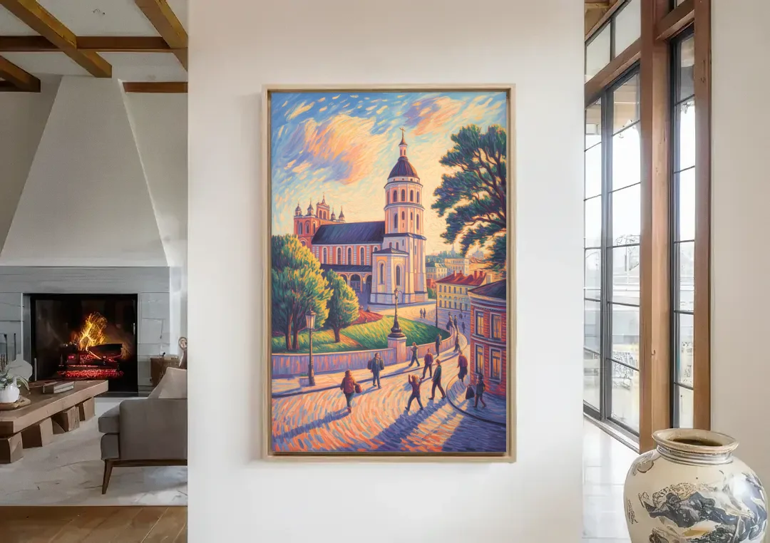 Vilnius Cathedral canvas wall art in a living room with a fireplace