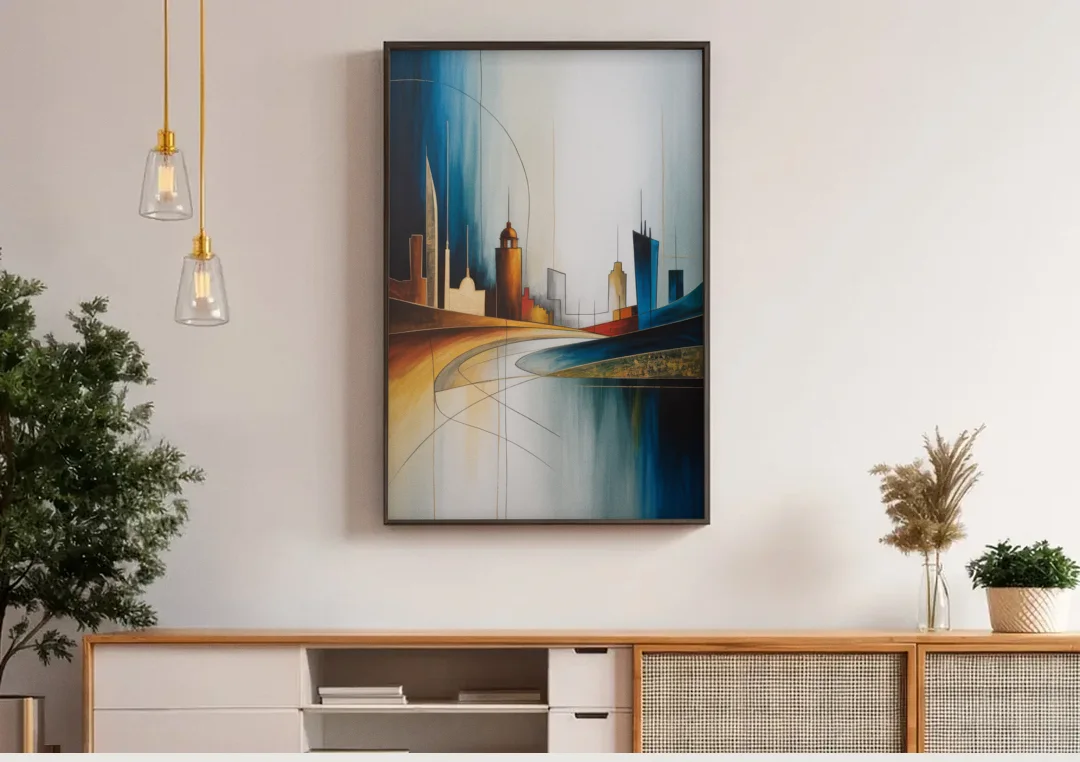 Vilnius Skyline canvas wall art above a wooden sideboard under pendant lights