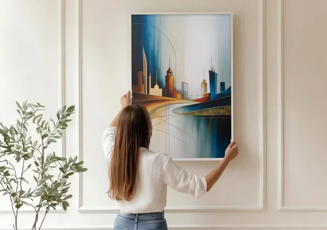 Vilnius Skyline canvas wall art being hung on a paneled wall