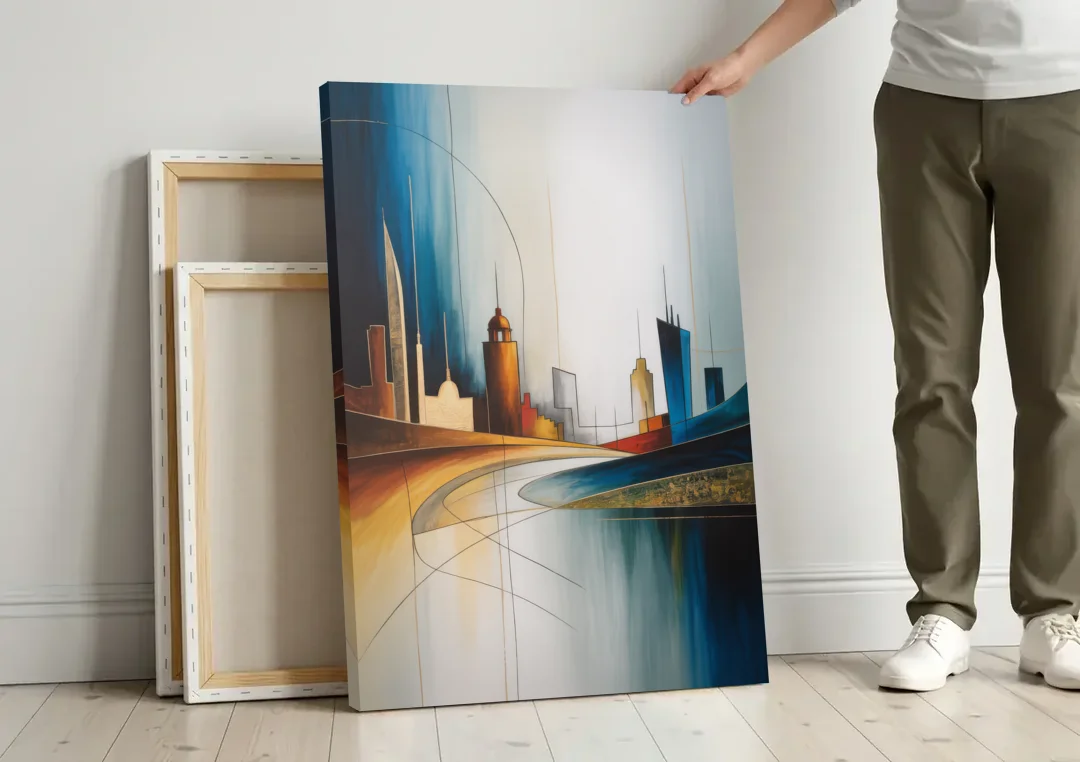Vilnius Skyline canvas wall art leaning against a wall next to blank canvases