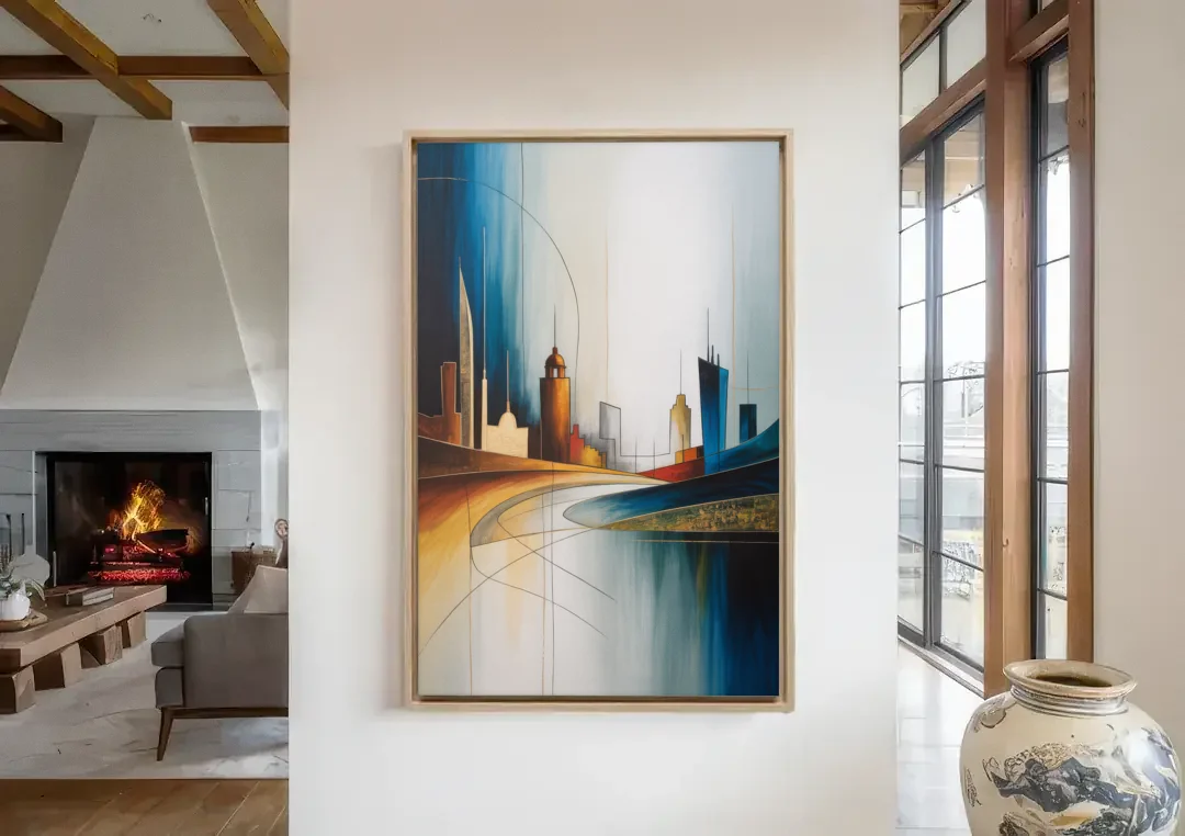 Vilnius Skyline canvas wall art in a living room with a fireplace