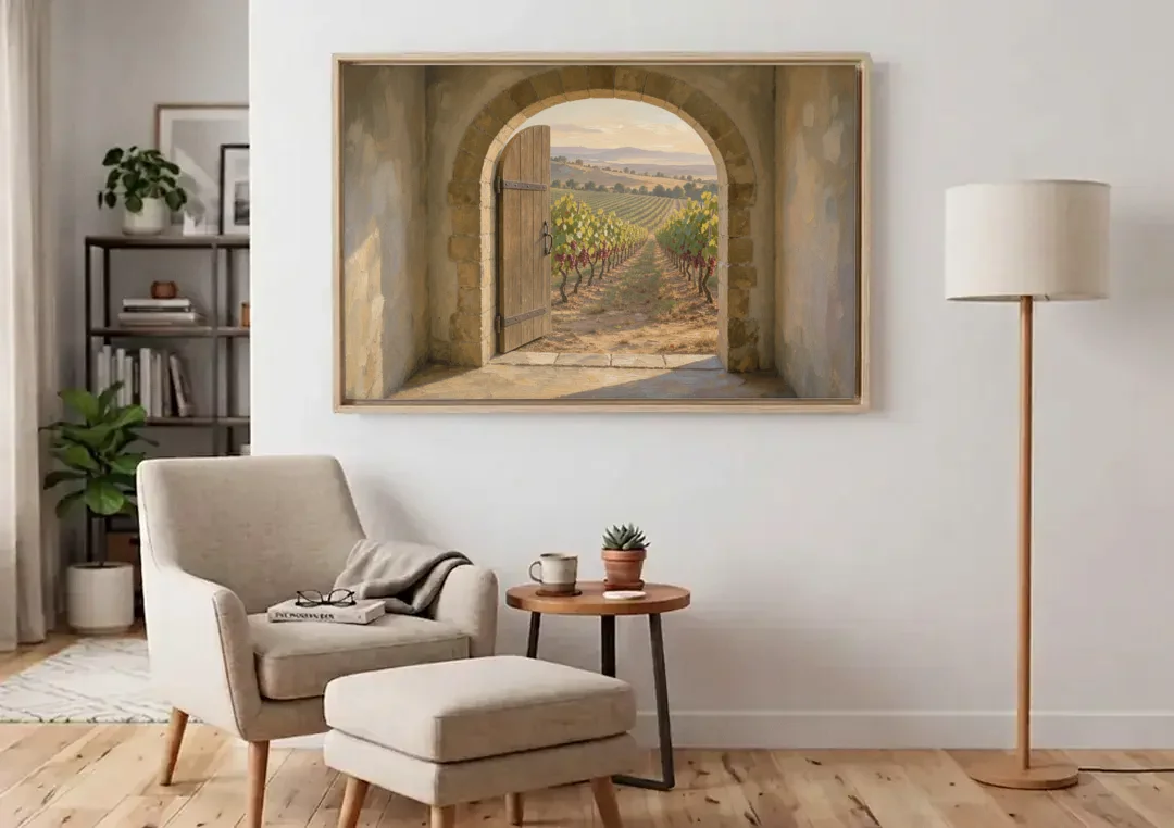 Vineyard Canvas Painting Through the Cellar Door canvas wall art above an armchair in a bright living room