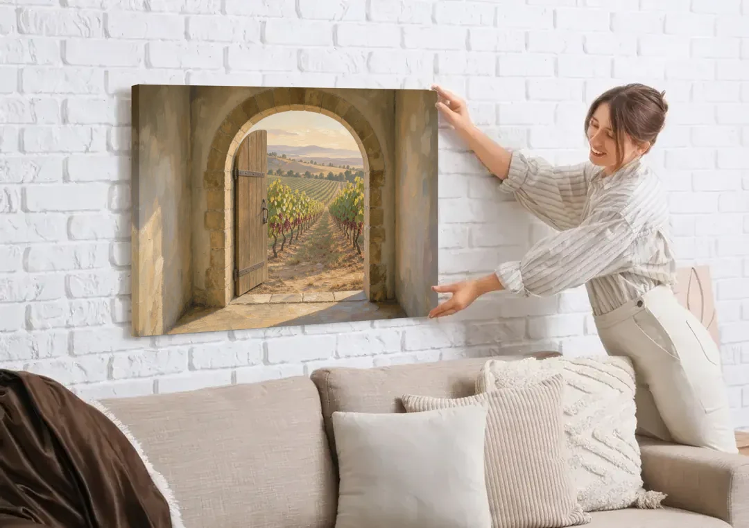 Vineyard Canvas Painting Through the Cellar Door canvas wall art being hung on a white brick wall above a sofa