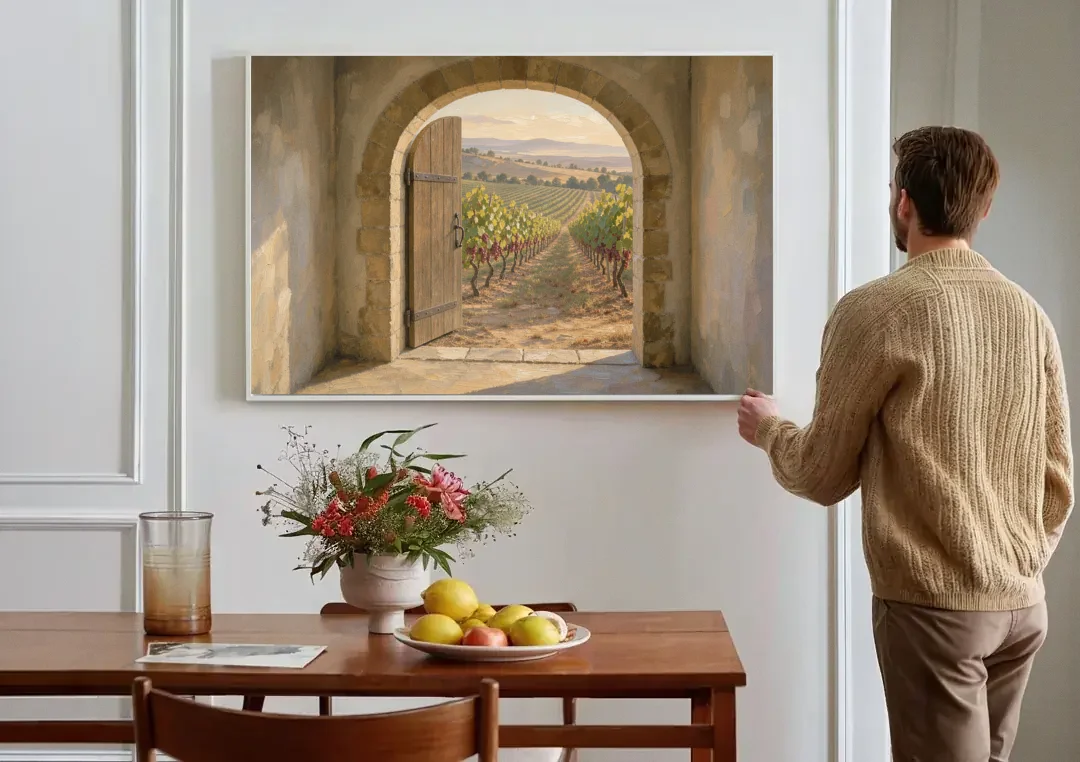 Vineyard Canvas Painting Through the Cellar Door canvas wall art above a dining table