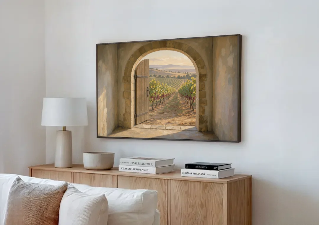 Vineyard Canvas Painting Through the Cellar Door canvas wall art above a wooden sideboard next to a sofa