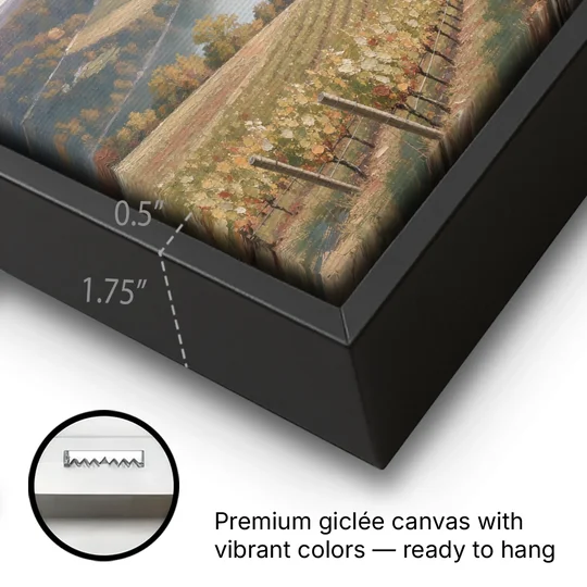 Vineyard Decor with Misty Glacial Lake Morning - Black Framed Canvas Wall Art - Gallery Wrap Corner