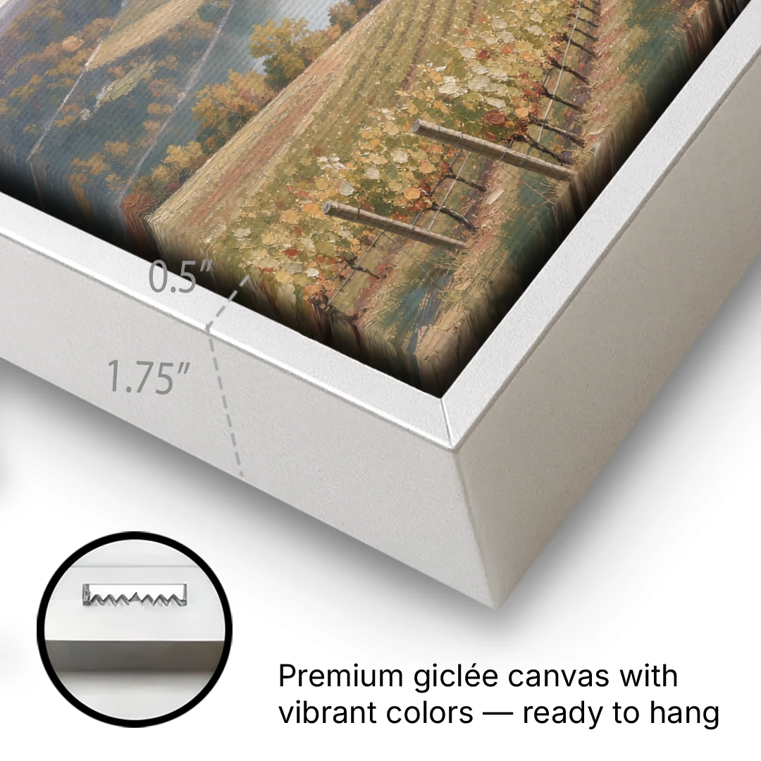 Vineyard Decor with Misty Glacial Lake Morning - White Framed Canvas Wall Art - Gallery Wrap Corner