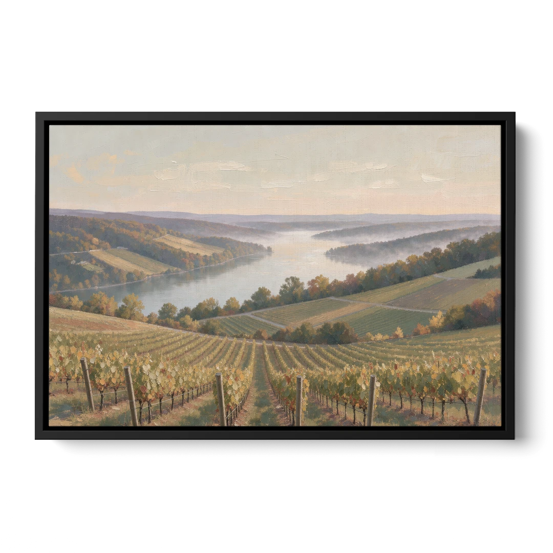 Vineyard Decor with Misty Glacial Lake Morning - Black Framed Canvas Wall Art - Front
