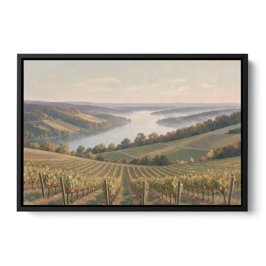 Vineyard Decor with Misty Glacial Lake Morning - Black Framed Canvas Wall Art - Front