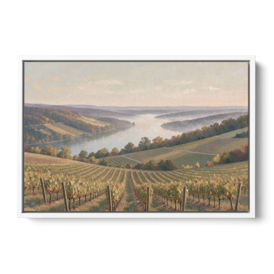 Vineyard Decor with Misty Glacial Lake Morning - White Framed Canvas Wall Art - Front