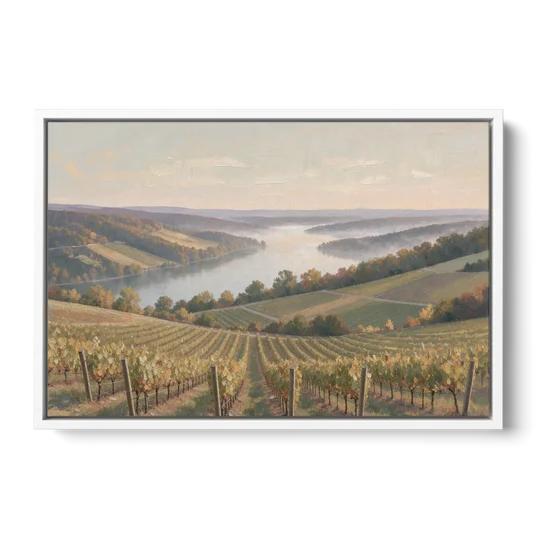 Vineyard Decor with Misty Glacial Lake Morning - White Framed Canvas Wall Art - Front