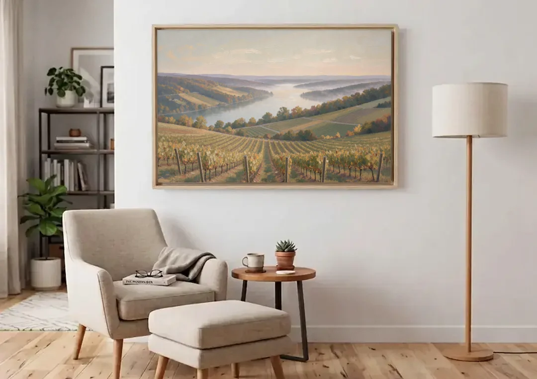 Vineyard Decor with Misty Glacial Lake Morning canvas wall art above an armchair in a bright living room