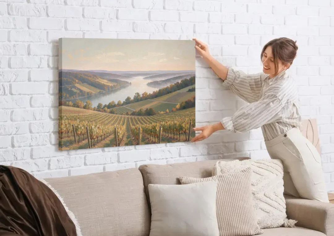 Vineyard Decor with Misty Glacial Lake Morning canvas wall art being hung on a white brick wall above a sofa