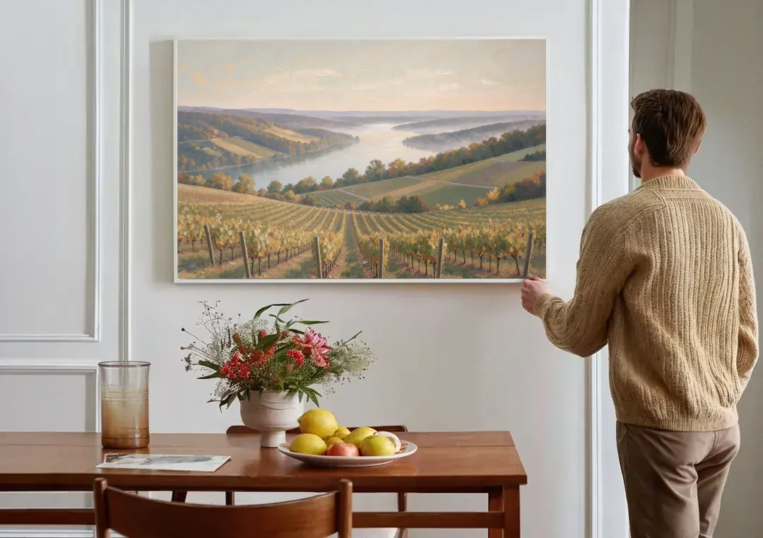 Vineyard Decor with Misty Glacial Lake Morning canvas wall art above a dining table
