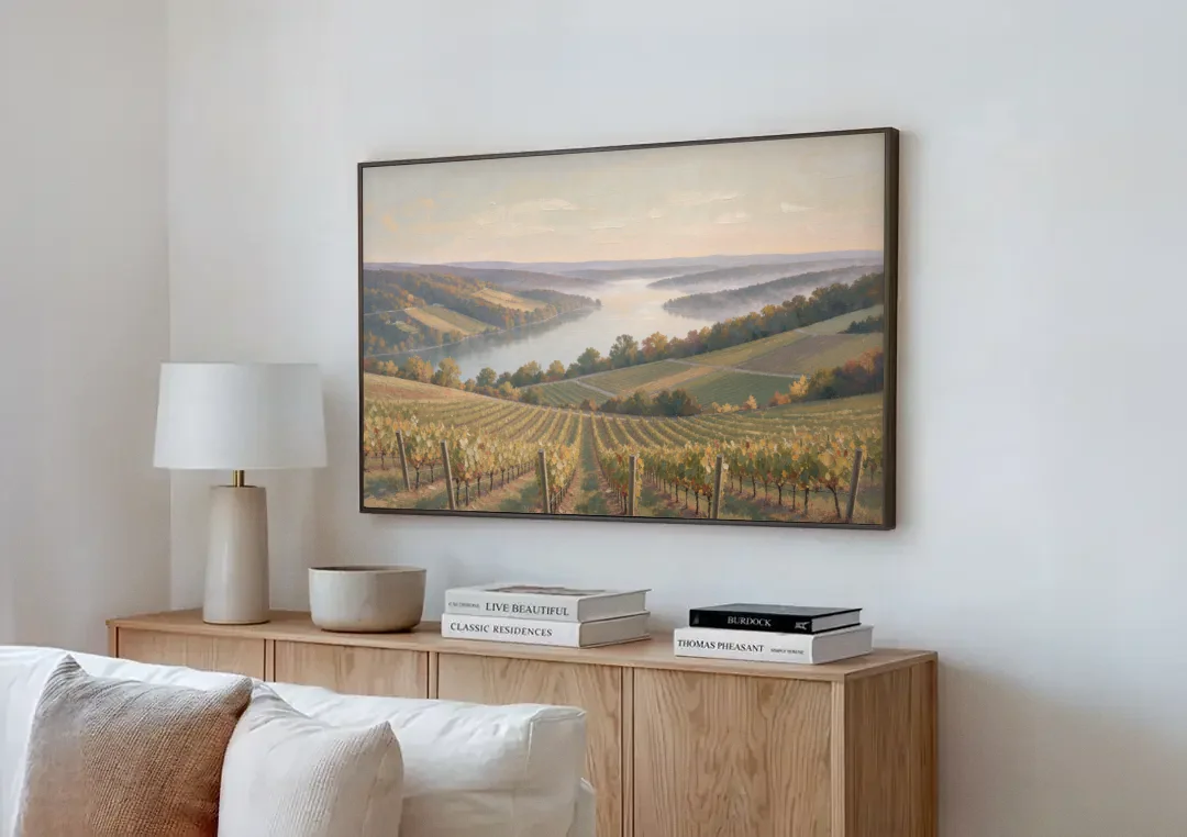 Vineyard Decor with Misty Glacial Lake Morning canvas wall art above a wooden sideboard next to a sofa