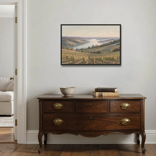 Vineyard Decor with Misty Glacial Lake Morning - Black Framed Canvas Wall Art - Coffee Table - 36x24