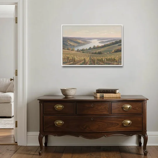 Vineyard Decor with Misty Glacial Lake Morning - White Framed Canvas Wall Art - Coffee Table - 36x24