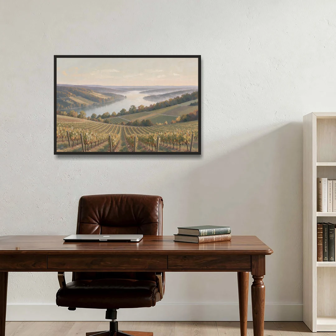 Vineyard Decor with Misty Glacial Lake Morning - Black Framed Canvas Wall Art - Office - 36x24