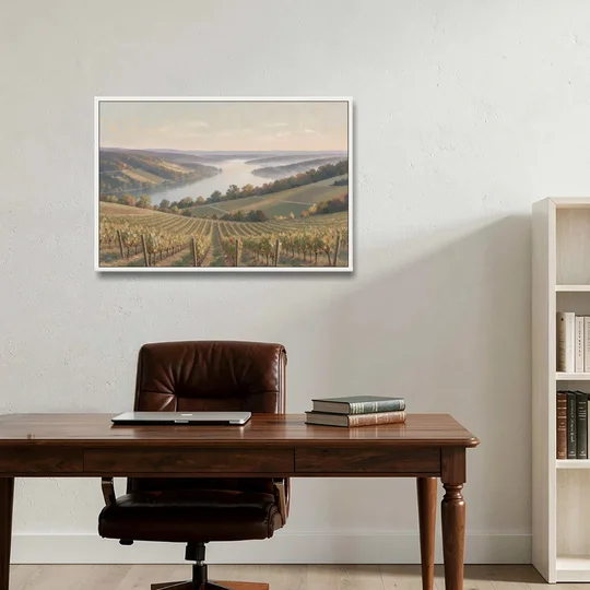 Vineyard Decor with Misty Glacial Lake Morning - White Framed Canvas Wall Art - Office - 36x24