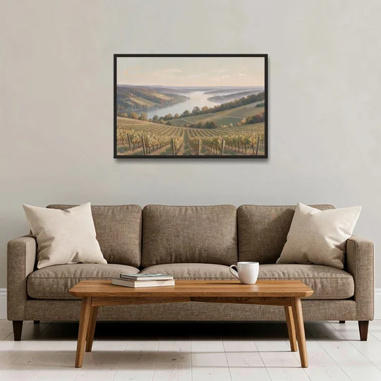 Vineyard Decor with Misty Glacial Lake Morning - Black Framed Canvas Wall Art - Sofa - 36x24