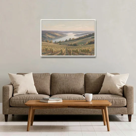 Vineyard Decor with Misty Glacial Lake Morning - White Framed Canvas Wall Art - Sofa - 36x24