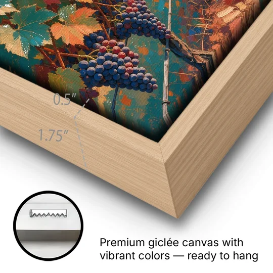 Vineyard Painting at Harvest Sundown - Oak Framed Canvas Wall Art - Gallery Wrap Corner